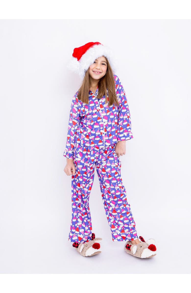 Preppy Goose Santa Hat Satin Long Sleeve Pajama Pant Set, Main, color, Periwinkle