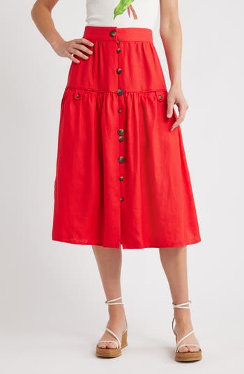 Farm Rio Mixed Buttons Linen Midi Skirt In Red