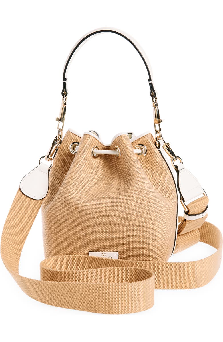 Valentino Garavani Small Locò Raffia & Leather Bucket Bag, Alternate, color,