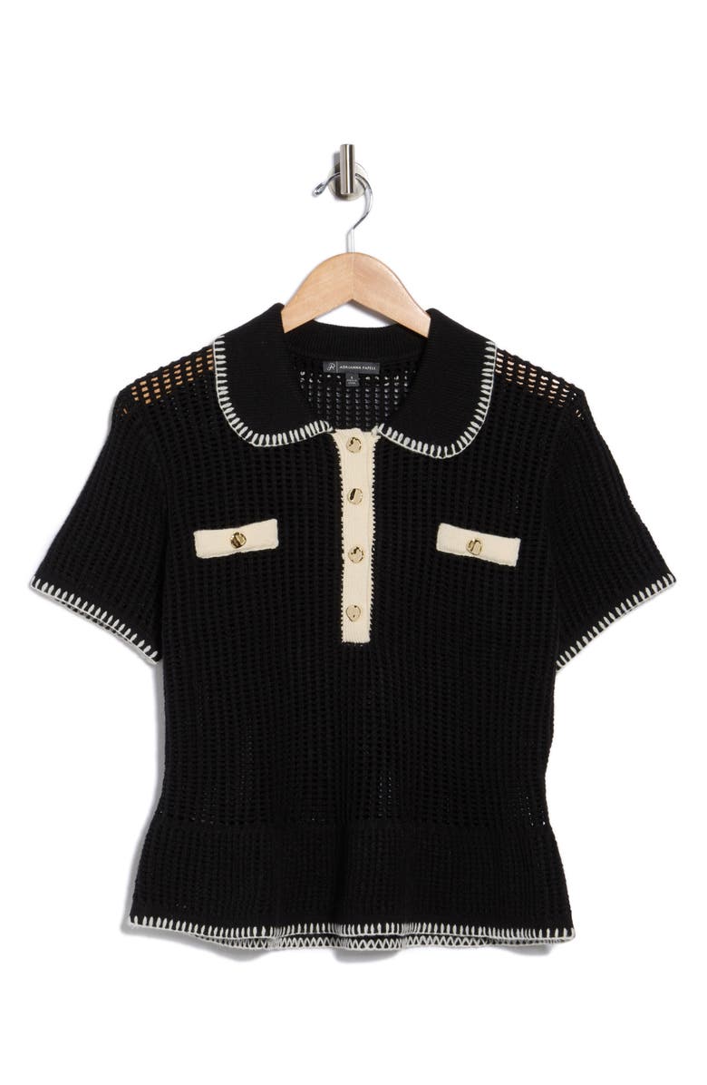 Adrianna Papell Open Stitch Polo Sweater, Alternate, color, Black/ Cream