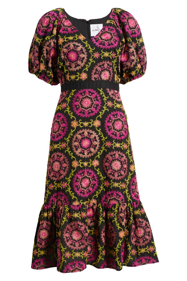 Embroidered Puff Sleeve Midi Dress, Alternate, color, BLACK/ PINK