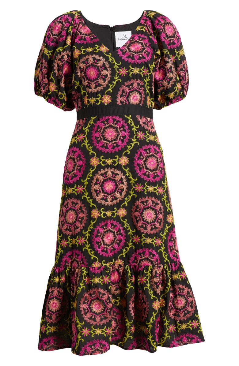 Sam Edelman Embroidered Puff Sleeve Midi Dress, Alternate, color, Black/ Pink