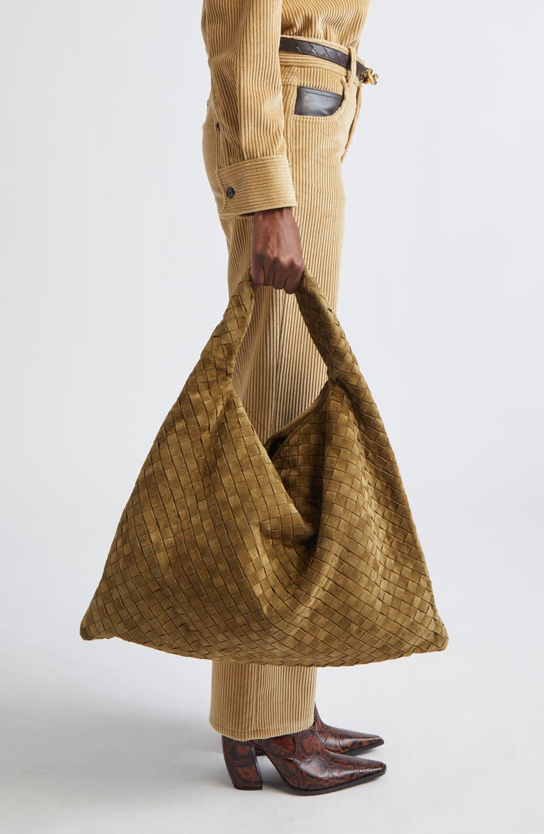 Bottega Veneta Large Hop Intrecciato Suede Hobo Bag, Alternate, color, 2859 Mud-M Brass