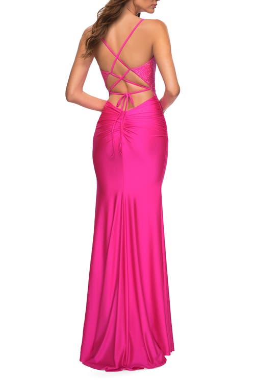 La Femme Neon Jersey Dress With Rhinestone Beaded Top And V Neck