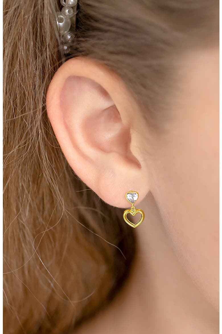 14k Heart to Heart Dangle Earrings, Alternate, color, Gold