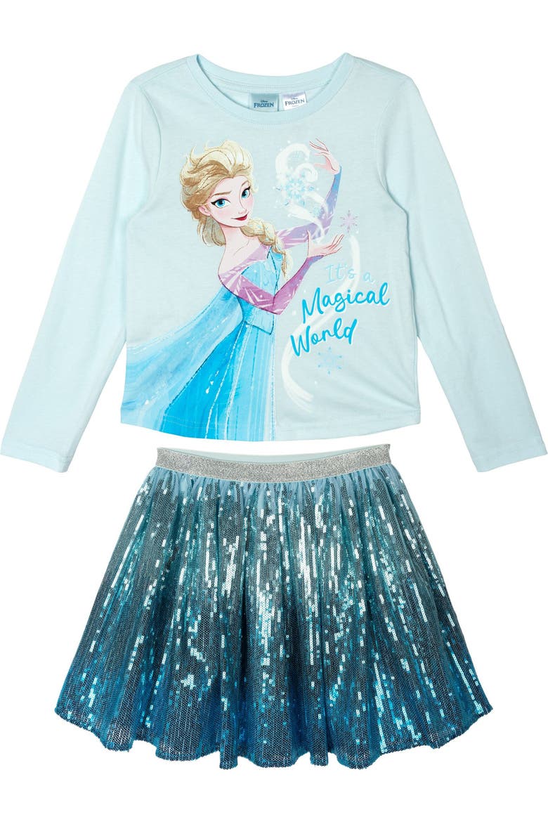 Frozen Long Sleeve Tee and Sequin Skirt Set, Main, color, Ice Blue Elsa