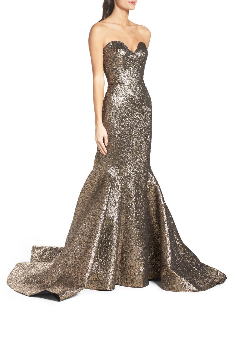 Strapless Lamé Mermaid Gown, Alternate, color, ANTIQUE GOLD