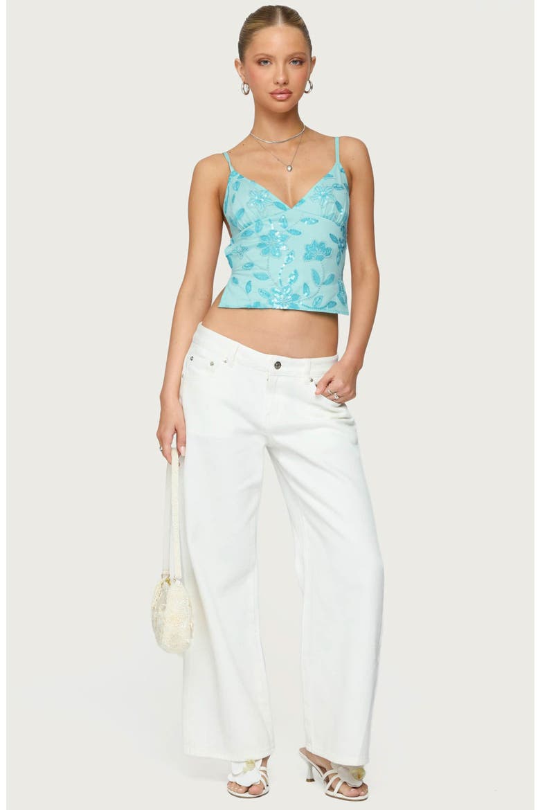 Pia Sequin Flower Open Back Camisole, Alternate, color, TURQUOISE