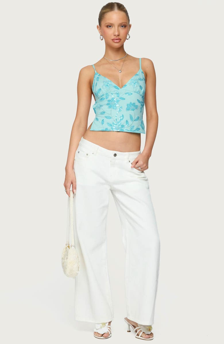 EDIKTED Pia Sequin Flower Open Back Camisole, Alternate, color, Turquoise