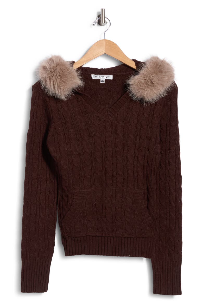 Faux Fur Trim Hoodie Sweater, Main, color, BROWN COMBO