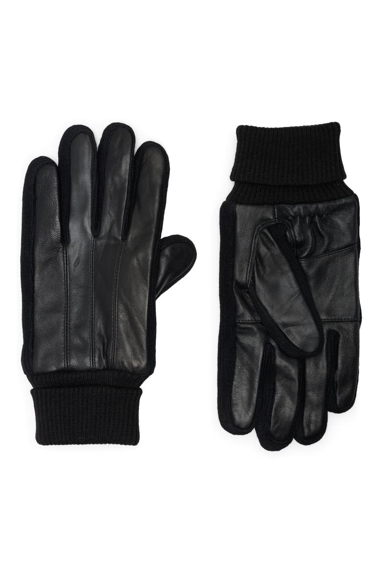 Leather & Knit Gloves, Main, color, BLACK