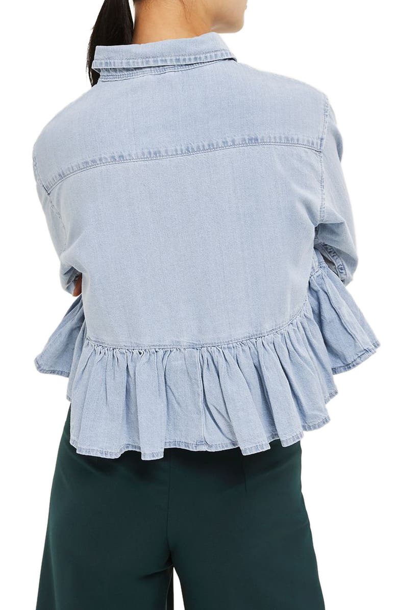 Topshop Ruffle Hem Denim Shirt, Alternate, color, 