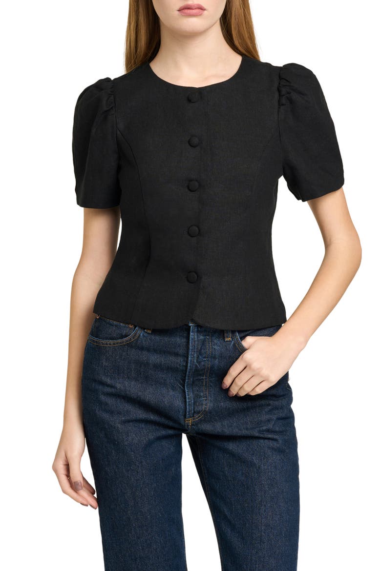 Blair Button Front Linen Blend Top, Main, color, BLACK