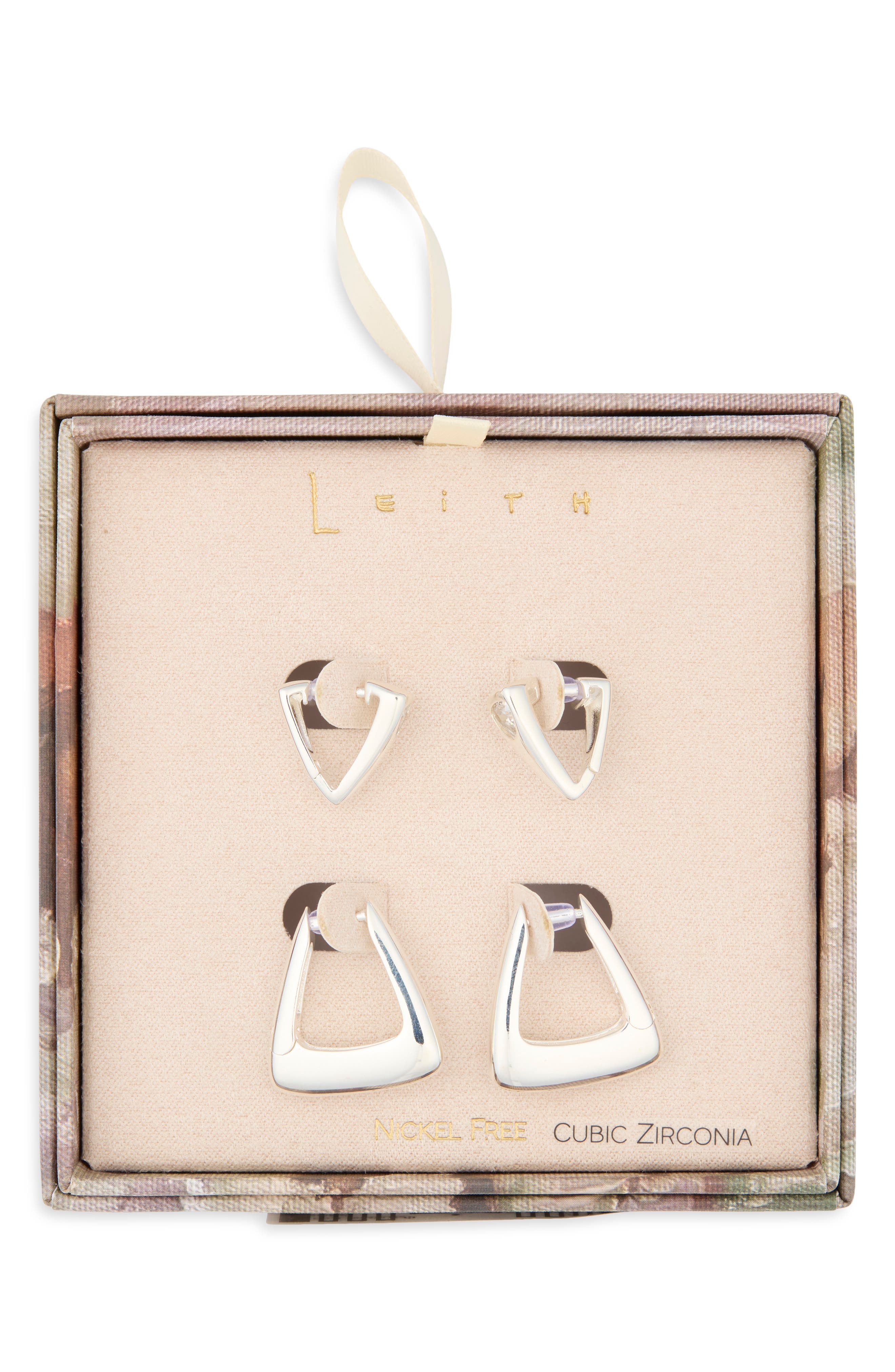 Leith Set Of 2 Cubic Zirconia Geometric Hoop Earrings In Silver