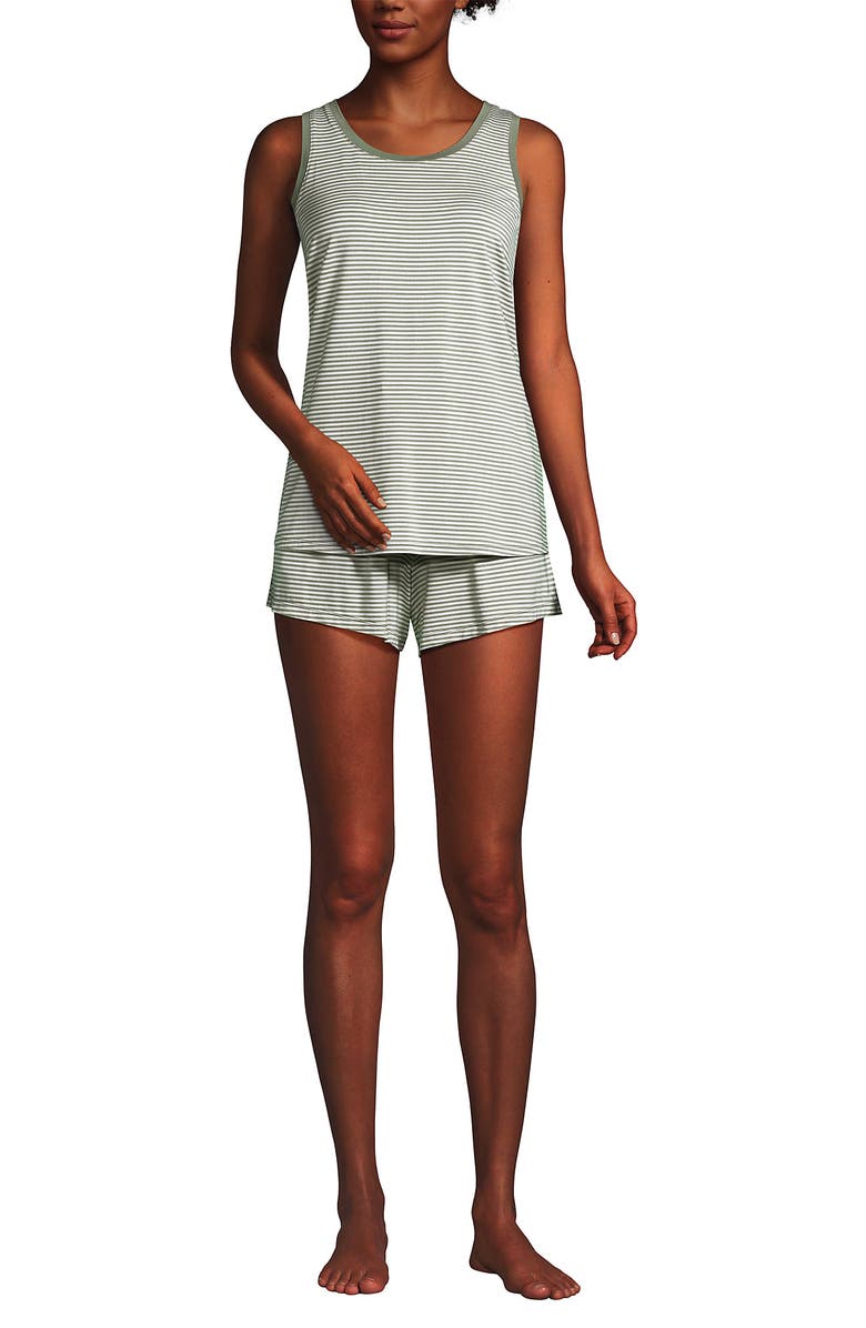 Lands' End Cooling 3 Piece Pajama Set - Robe Tank and Shorts, Main, color, Sage Mini Stripe