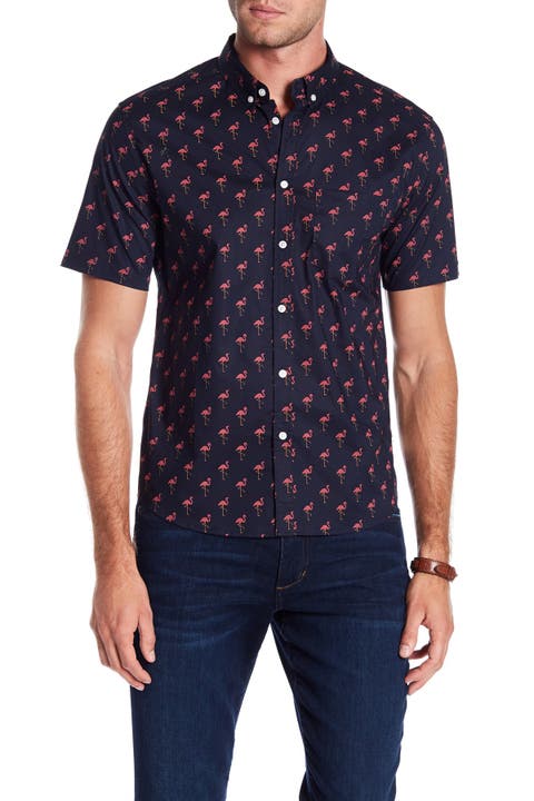 Flamingo Party Print Short Sleeve Cotton Button-Up Shirt