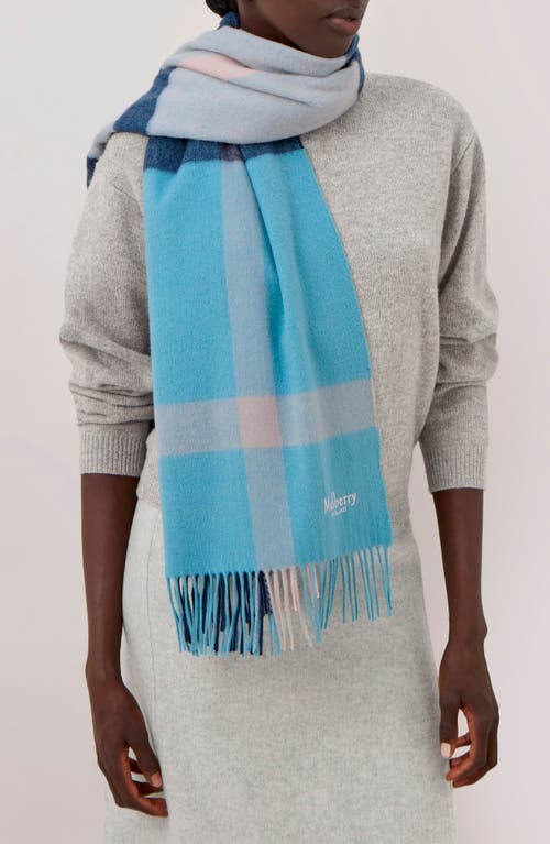 Mulberry Large Check Merino Wool Scarf In Kingfisher Blue/powder Rose