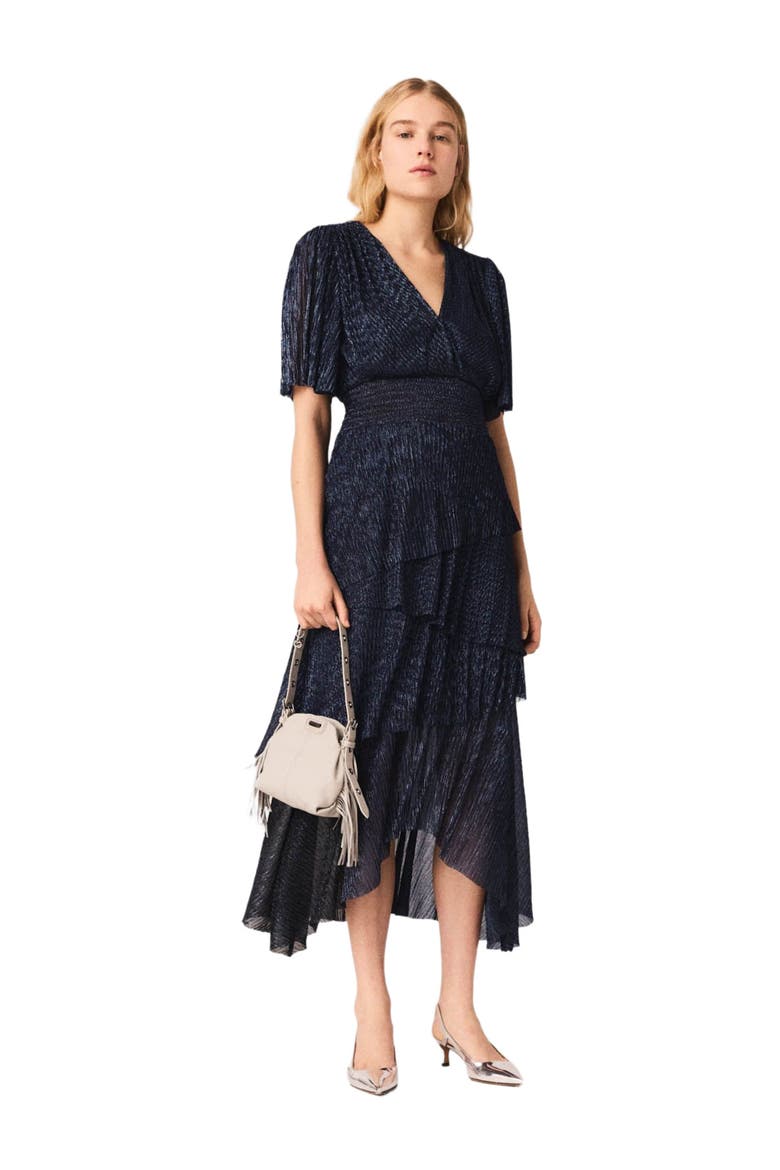 Metallic ruffled midi dress, Alternate, color, Navy