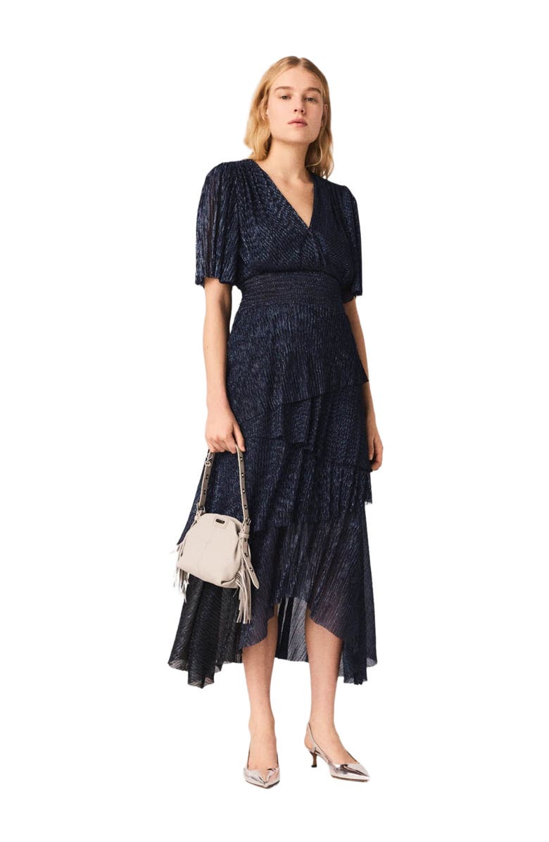 maje Metallic ruffled midi dress, Alternate, color, Navy