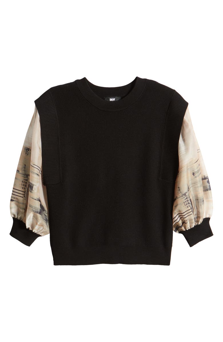 DKNY Organza Sleeve Mixed Media Sweater, Alternate, color, Black/ Ivory/ Sandalwood Multi