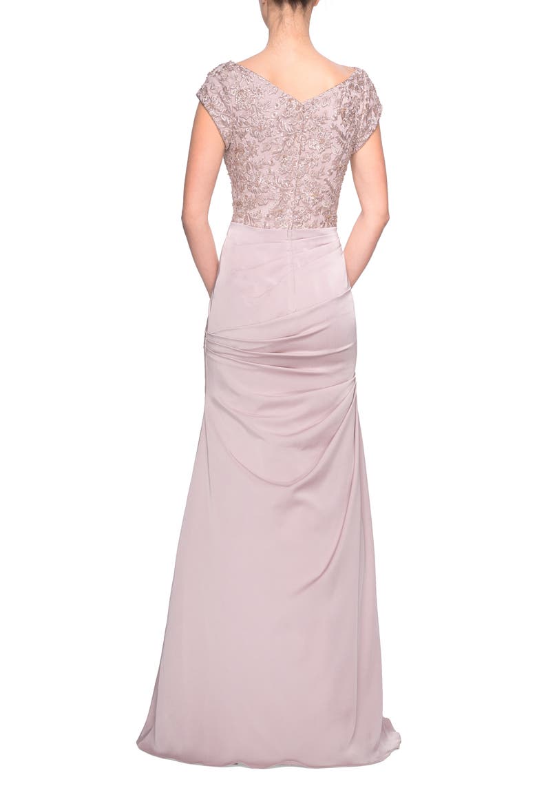 Long Jersey Ruched Dress with Embellished Top, Alternate, color, CHAMPAGNE