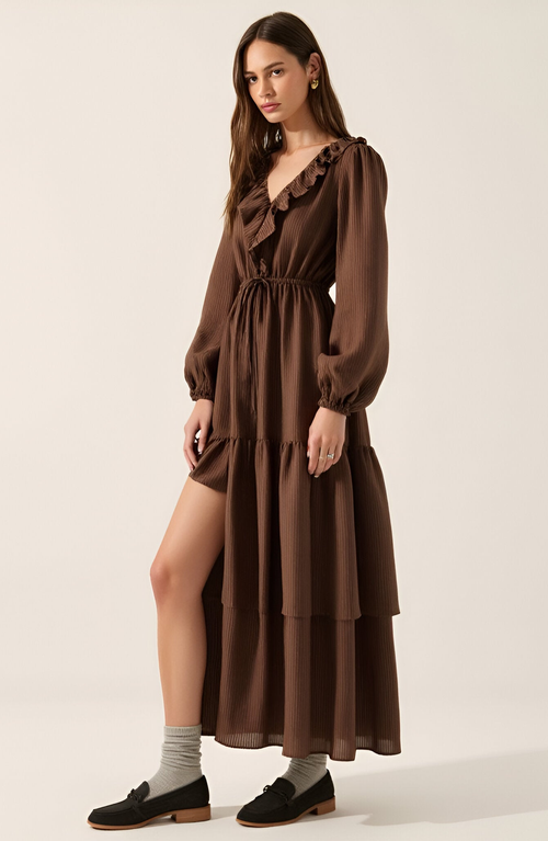 Modenaire Textured Stripe Maxi Dress With V-neck Flounce Ruffle, Bubble Sleeves And Side Slit In Brown