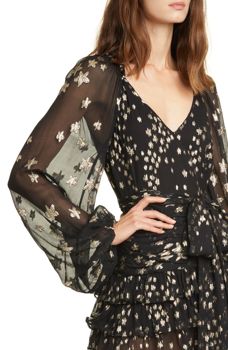 LoveShackFancy Rina Metallic Star Long Sleeve Silk Chiffon Minidress, Alternate, color,