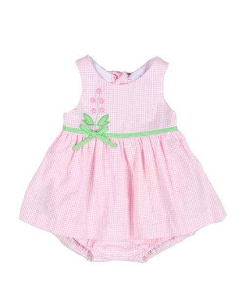 Florence Eiseman Babies' Check Seersucker Skirted Romper With Flowers In Pink