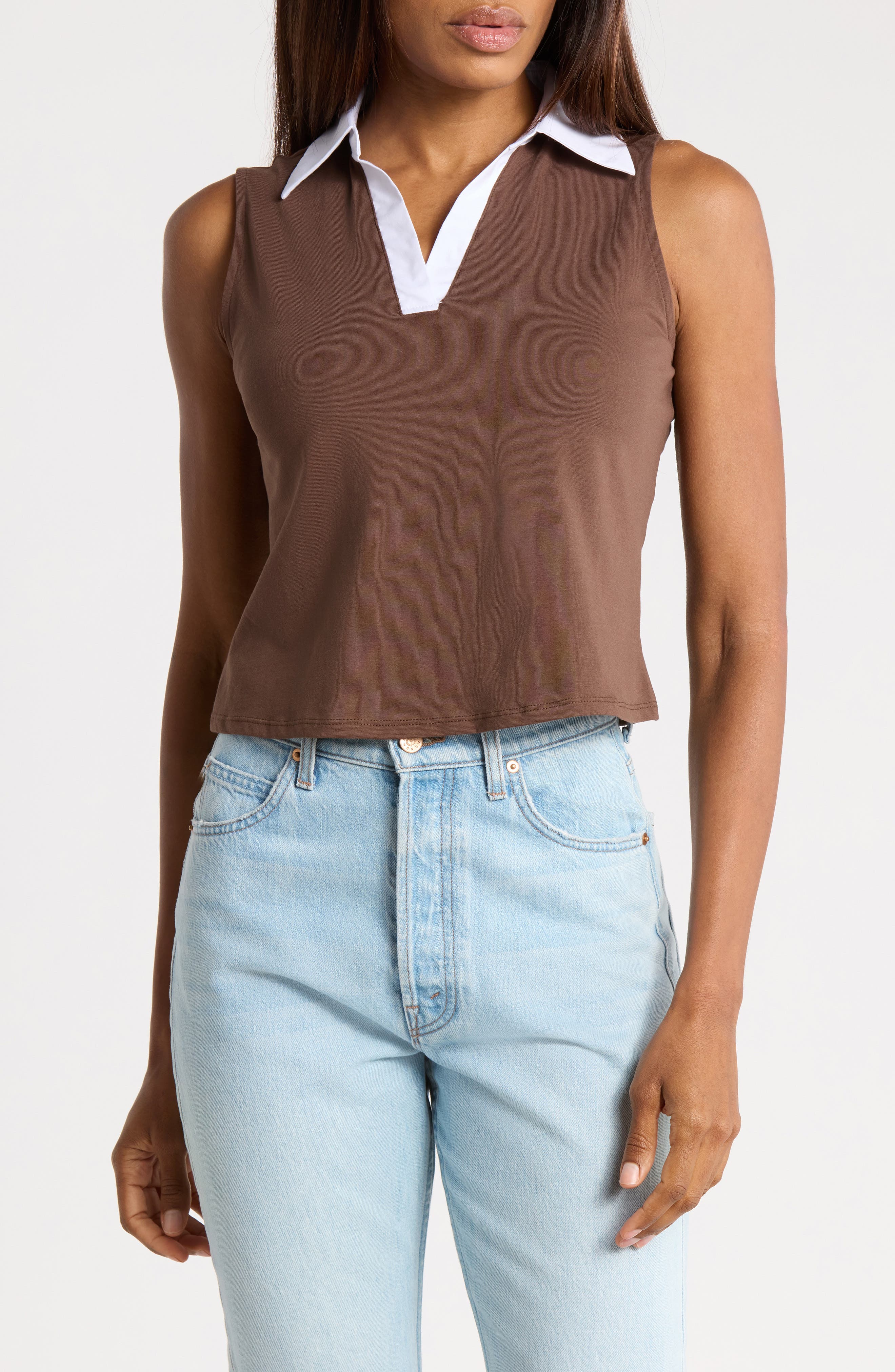 Contrast Collar Sleeveless Knit Polo
