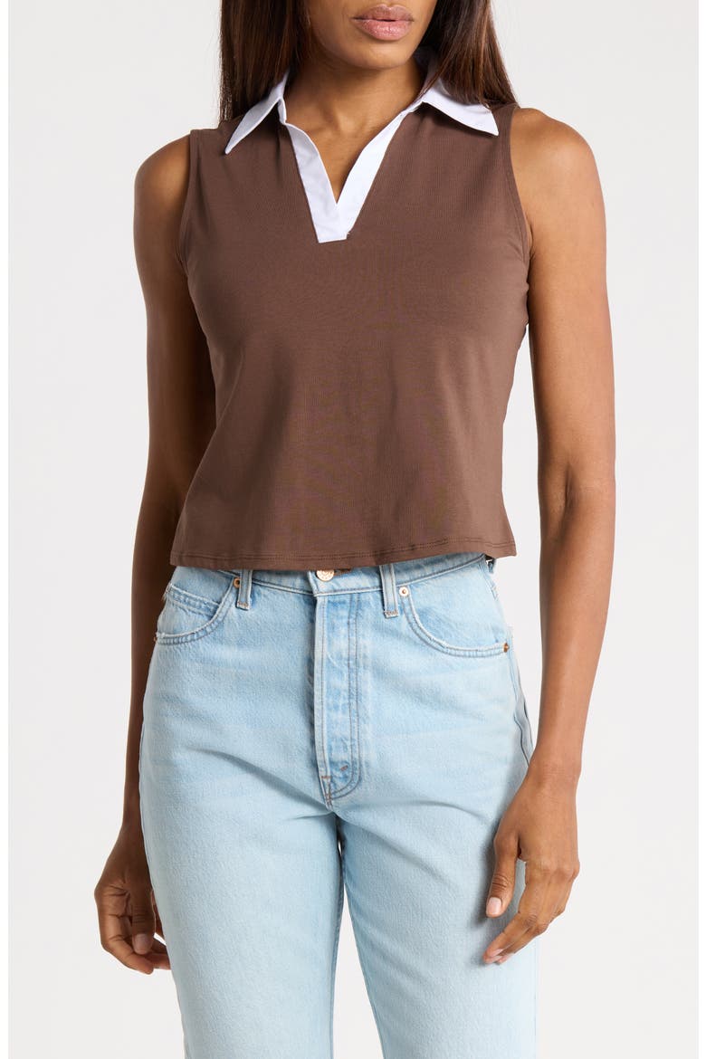 Contrast Collar Sleeveless Knit Polo, Main, color, CAFE/ WHITE