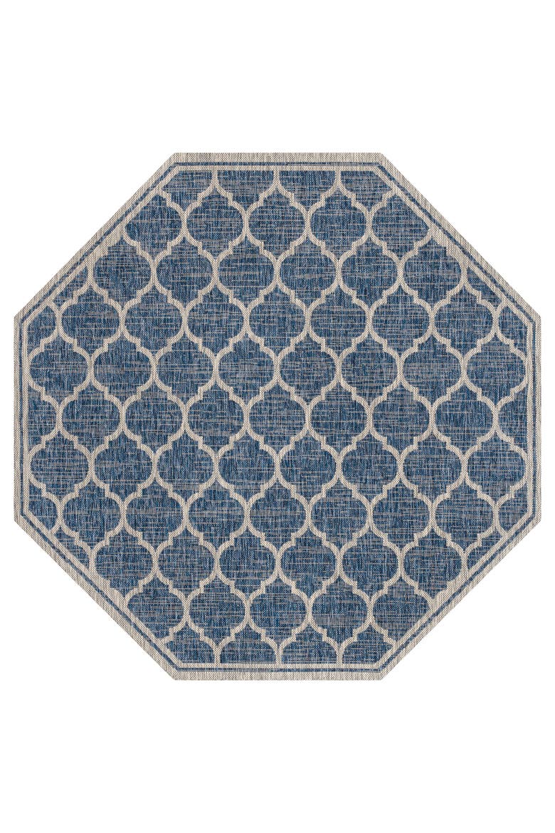 Trebol Moroccan Trellis Textured Weave Octagon Indoor/Outdoor Area Rug, Main, color, Navy/Gray