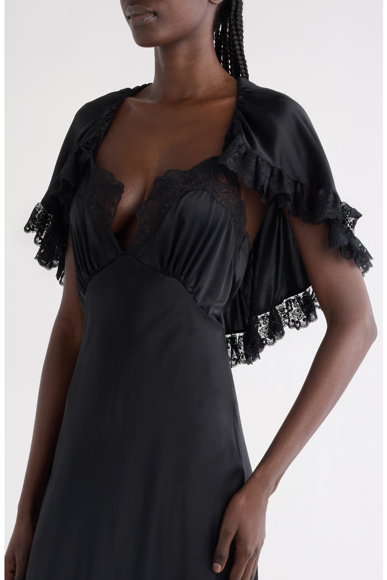 Lace Trim Silk Maxi Dress, Alternate, color, BLACK