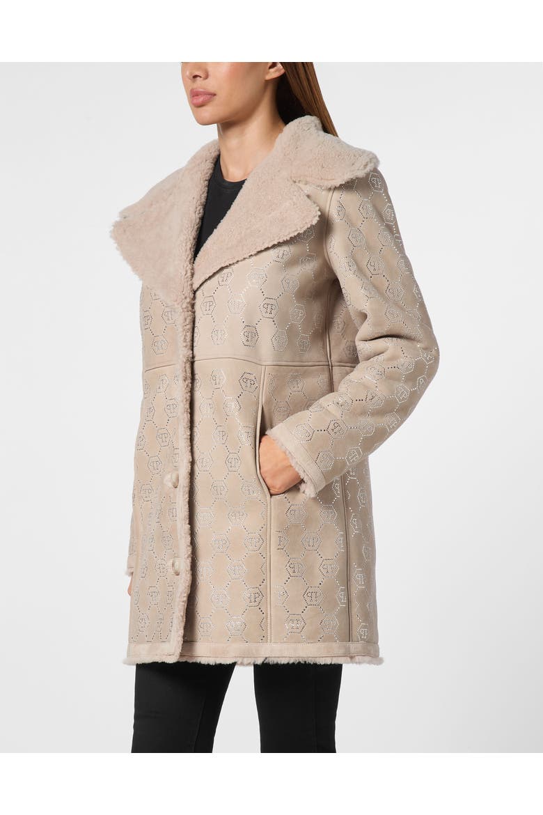 Shearling Oversize Coat Strass Monogram Women, Main, color, beige