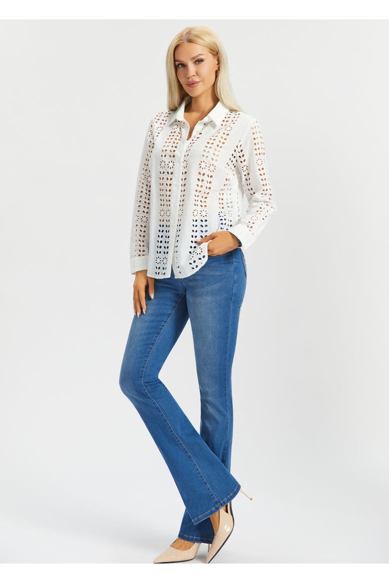Eyelet Shirt Long Sleeve Cotton, Alternate, color, Star White