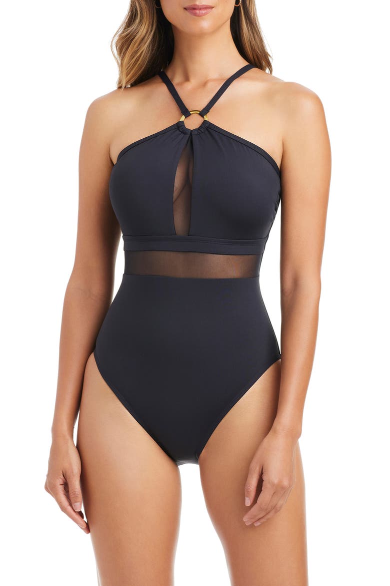 Sheer Mesh Inset One-Piece Swimsuit, Main, color, BLACK