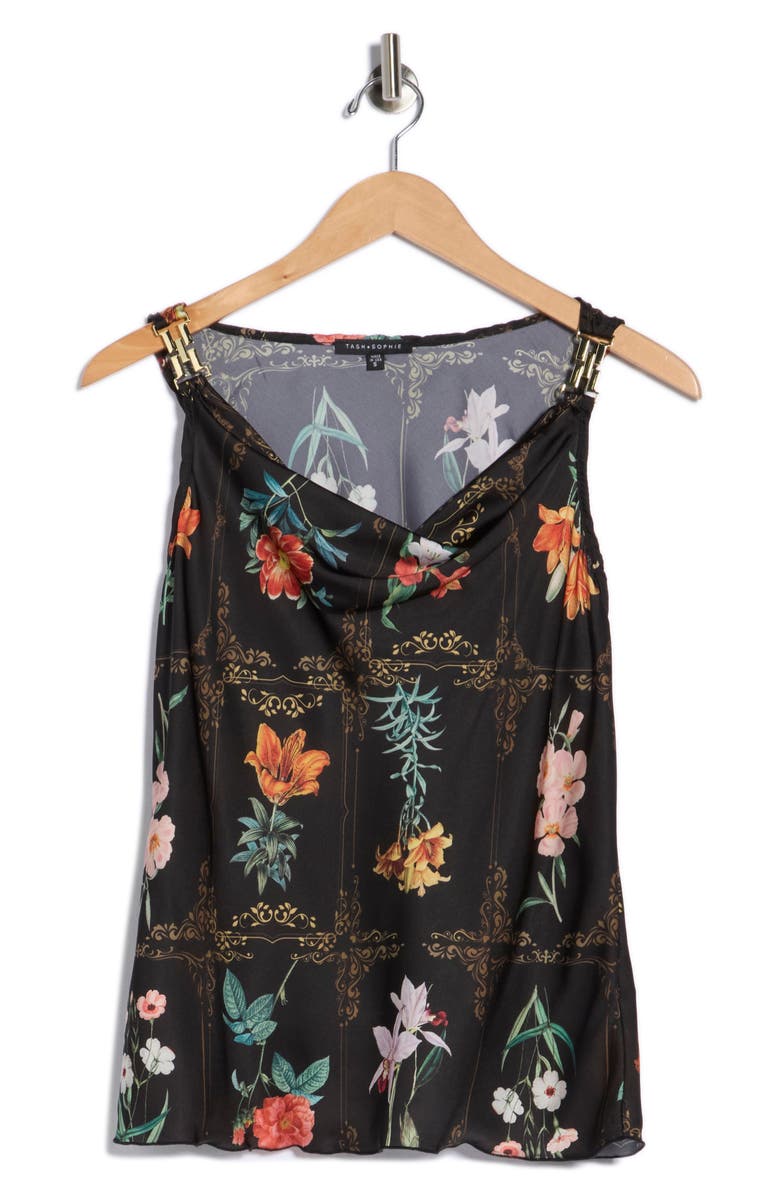 TASH AND SOPHIE Floral Hardware Satin Top, Alternate, color, Black/ Multi