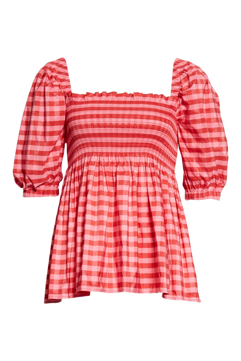 Women's Axel Gingham Smocked Taffeta Top, Alternate, color, PINK/ RED