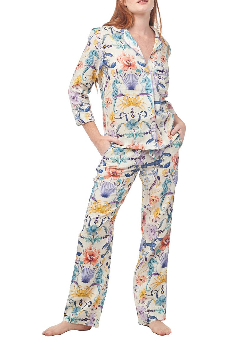 Nina Seahorses Linen Pajamas, Main, color, WHITE