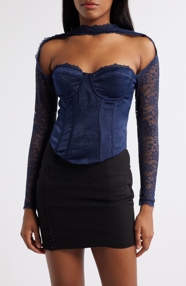 Mistress Rocks Satin & Lace Corset Top, Main, color, Navy