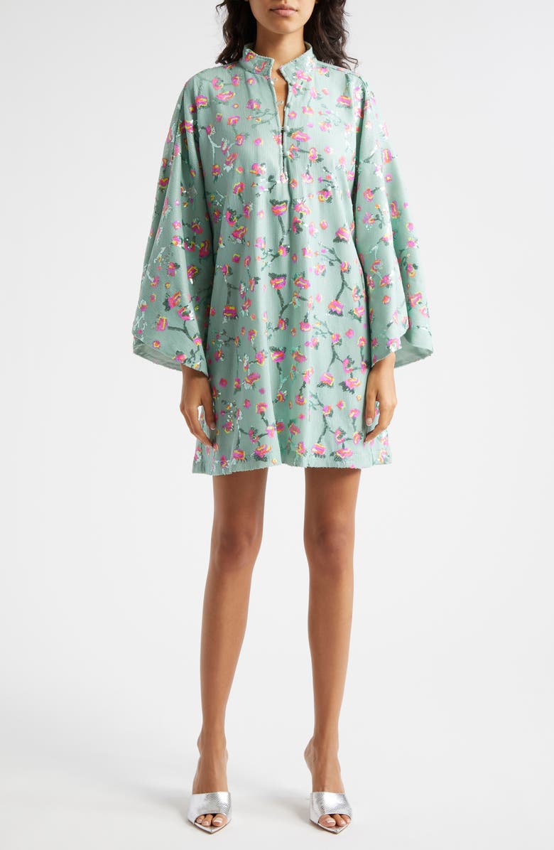 La Vie Style House Floral Sequin Bell Sleeve Cover-Up Dress, Main, color, Mint Pink Multi