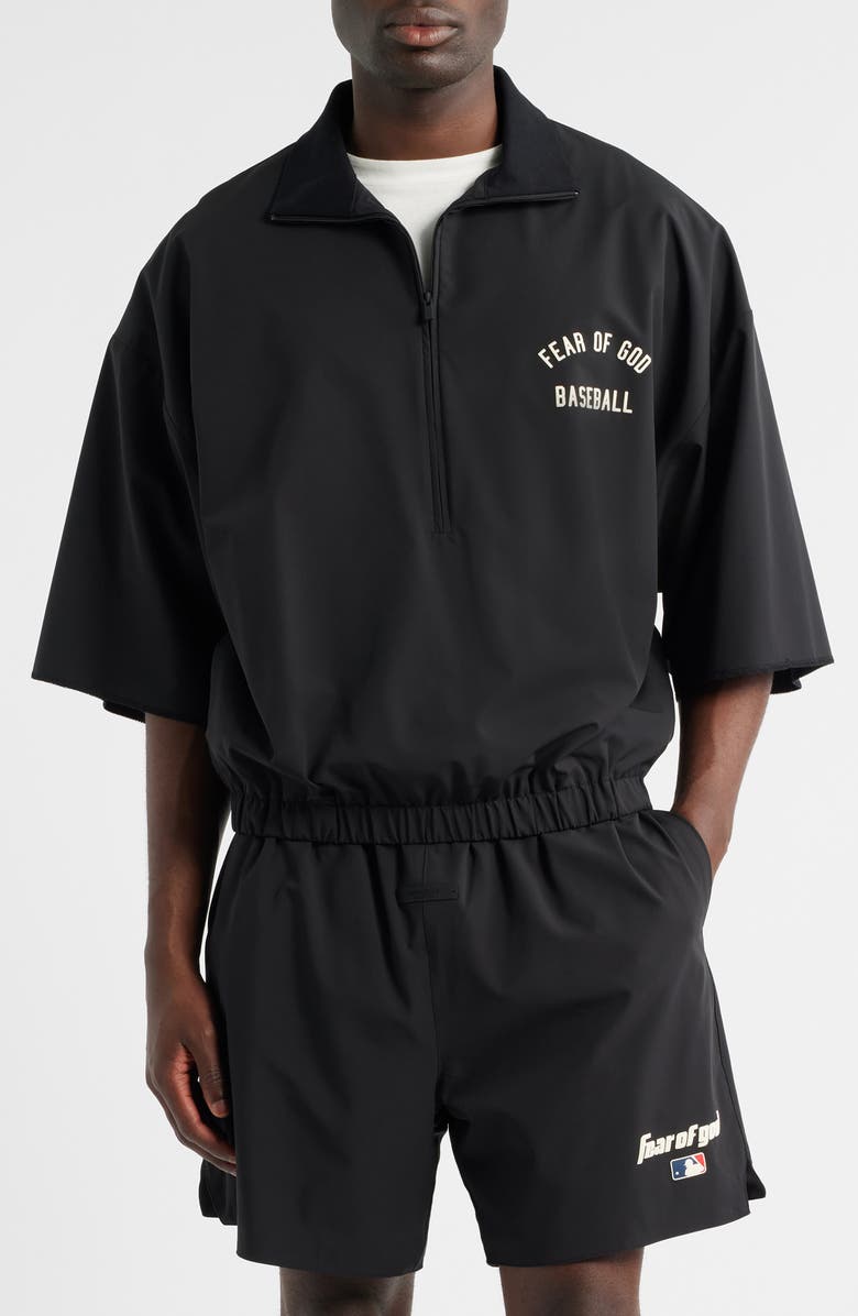 Fear of God Essentials MLB Oversize 3/4 Sleeve Half Zip Jacket, Main, color, Black