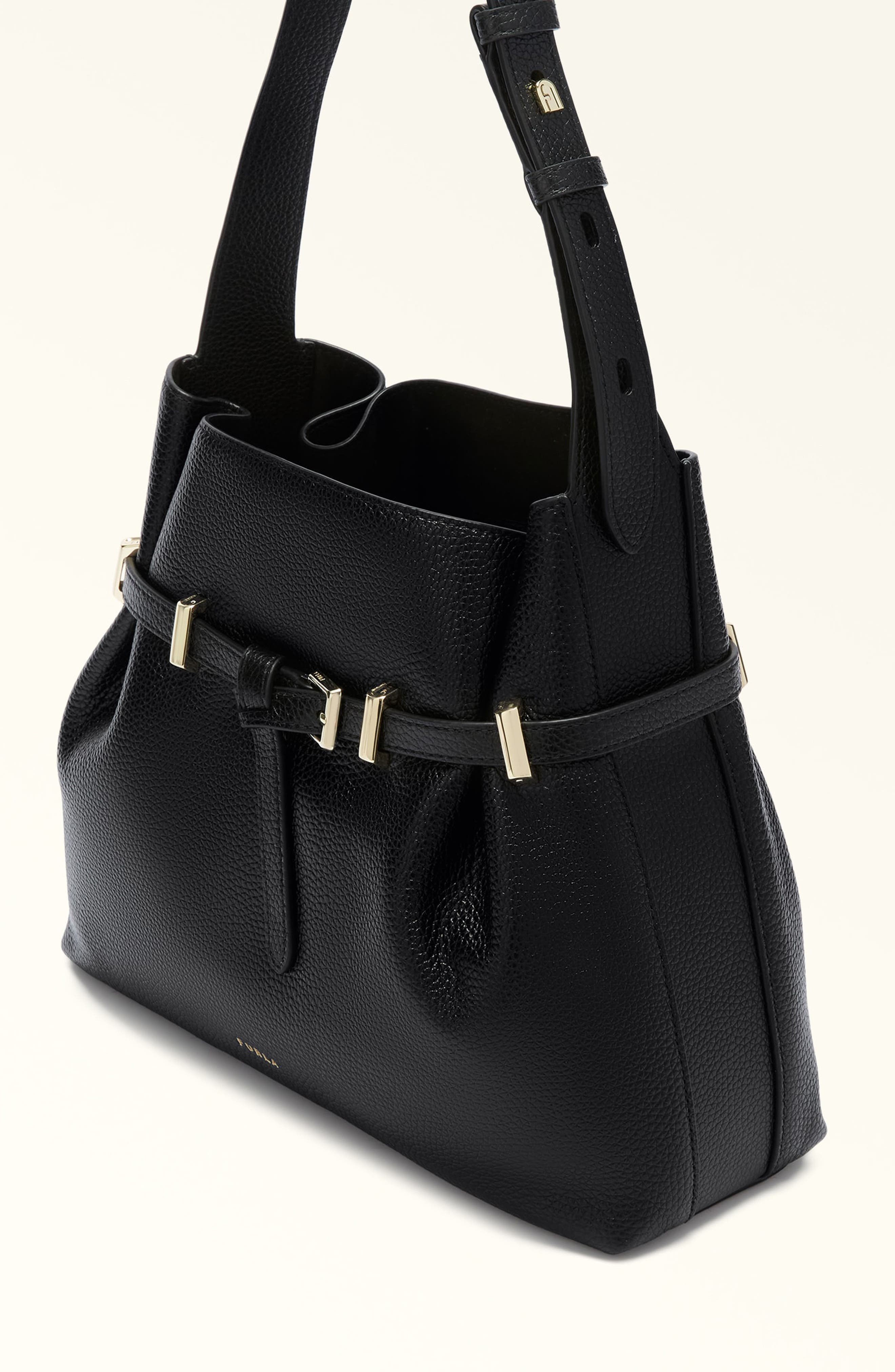 Furla Aura Belted Leather Shoulder Bag, Alternate, color, Nero