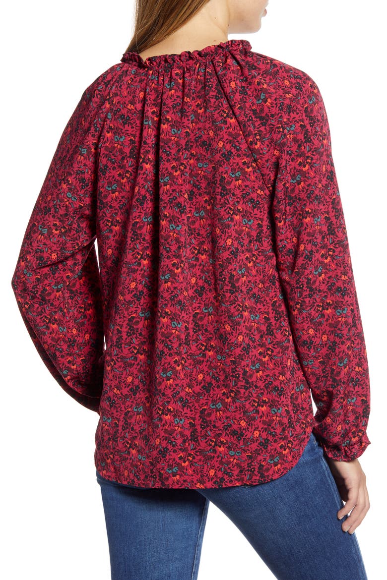Floral Ruffle Neck Long Sleeve Crepe Blouse, Alternate, color, DEEP BERRY DITSY