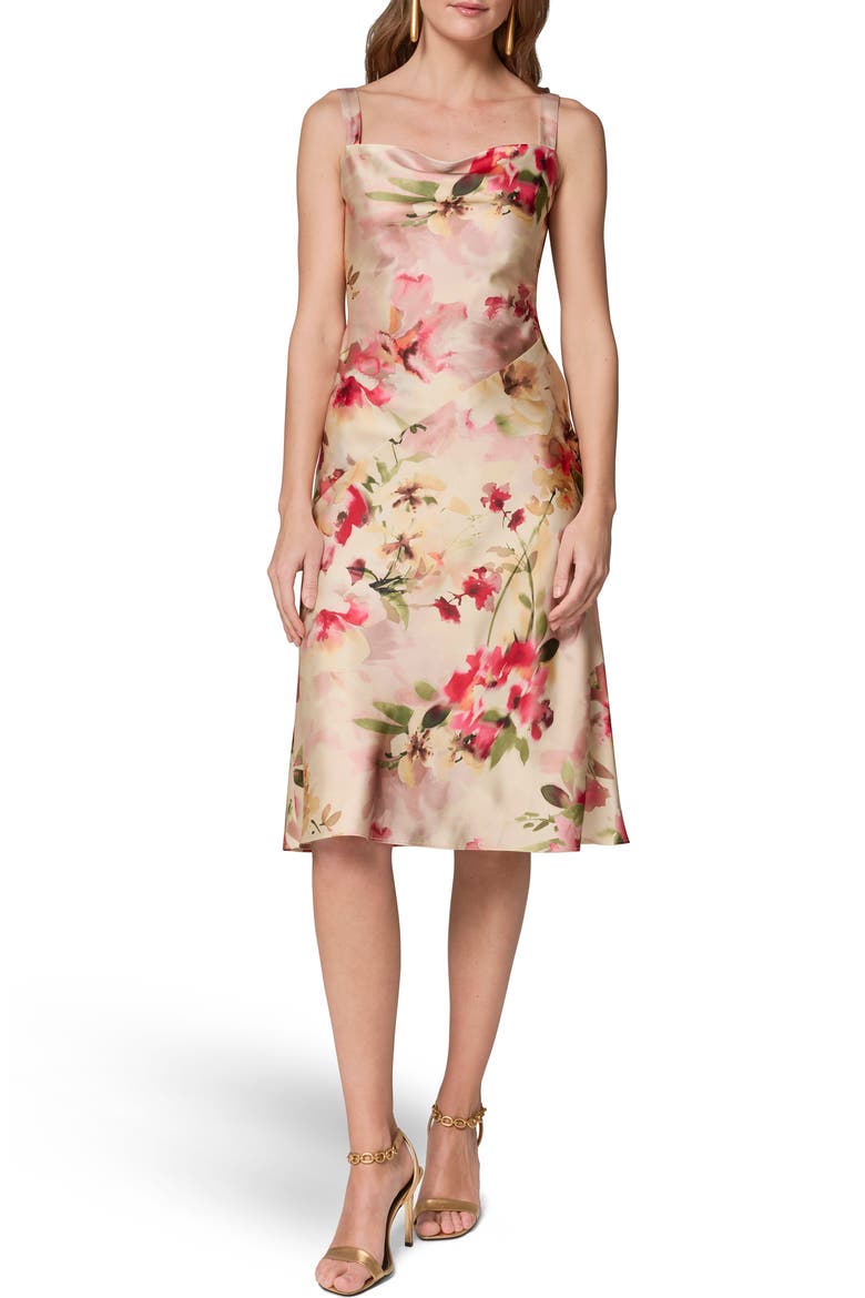 Floral Cowl Neck Satin Dress, Main, color, EGGSHELL MULTI
