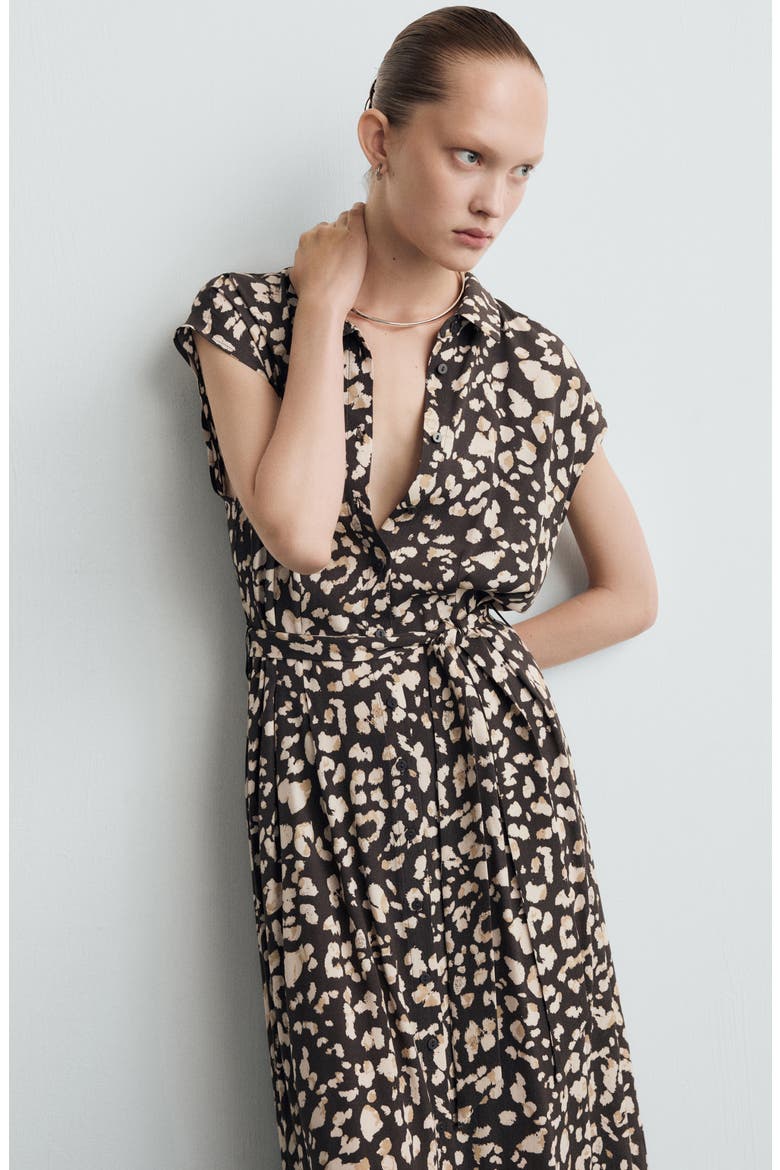 Printed Tie Belt Shirtdress, Alternate, color, BROWN