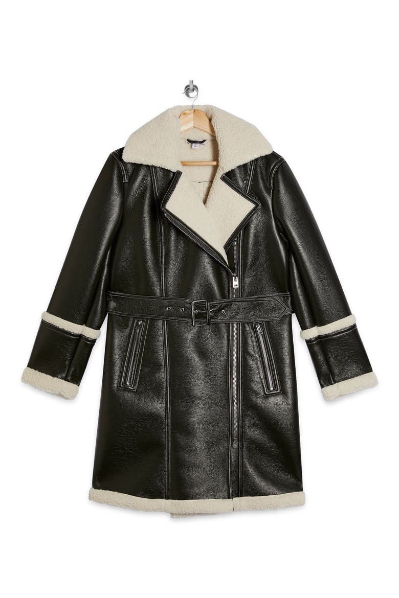 Faux Leather & Faux Shearling Moto Jacket, Alternate, color, DARK GREEN