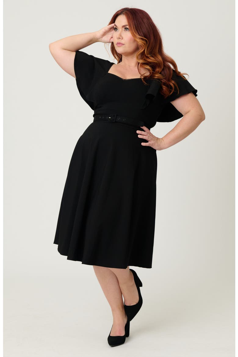 Plus Size Flutter Sleeve Belted Swing Dress, Alternate, color, Solid Black