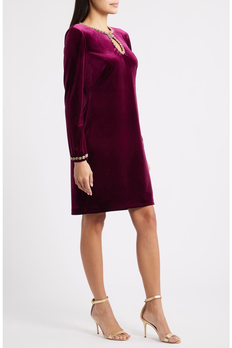 Beaded Keyhole Long Sleeve Velvet Dress, Alternate, color, WINE