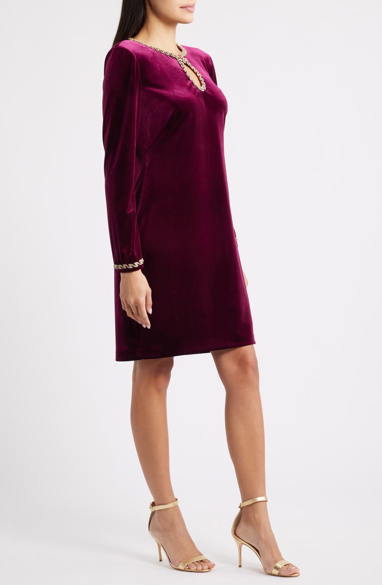Vince Camuto Beaded Keyhole Long Sleeve Velvet Dress, Alternate, color, Wine
