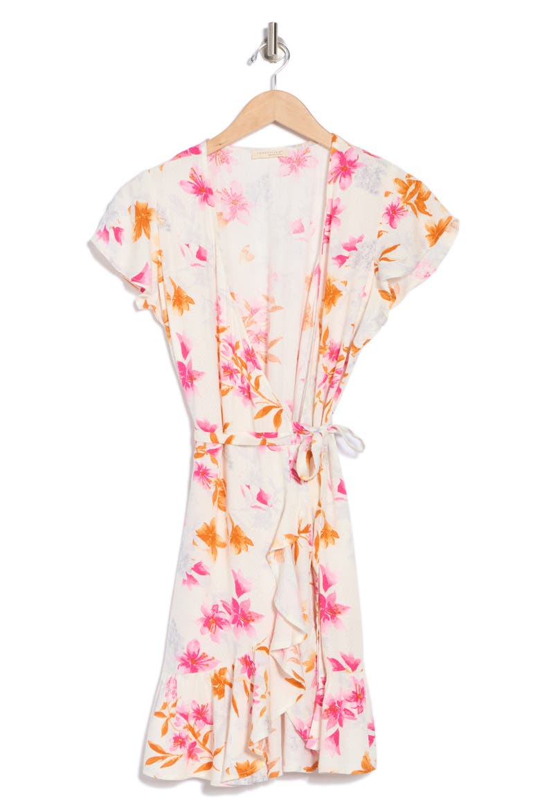Floral Flutter Sleeve Wrap Dress, Alternate, color, IVORY/ FUSCHIA